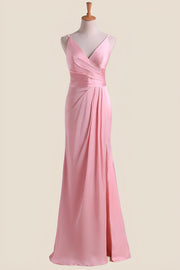 Pink Pleated Faux-Wrap Long Party Dress