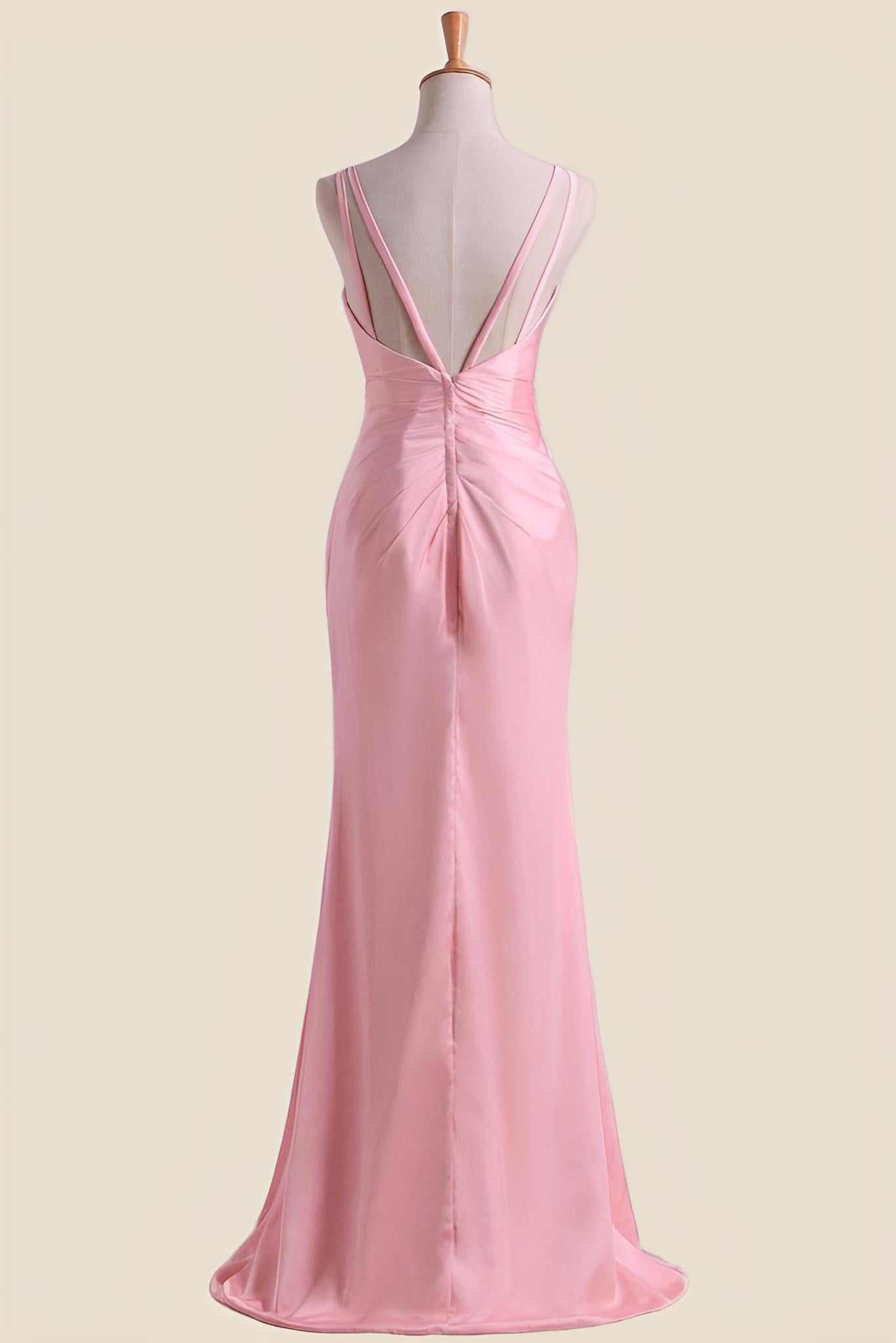 Pink Pleated Faux-Wrap Long Party Dress