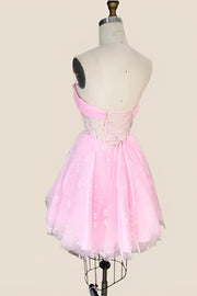 Pink Tulle Short Dress with Floral Print