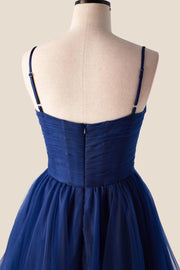 Pleated Navy Blue Tulle A-line Short Dress