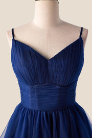 US 4 Pleated Navy Blue Tulle A-line Short Dress