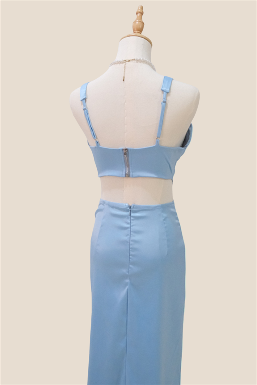 Plunge Neck Light Blue Cutout Sheath Long Dress