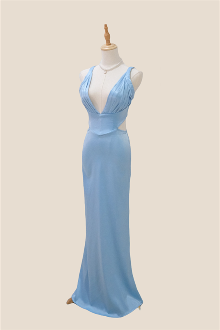 Plunge Neck Light Blue Cutout Sheath Long Dress