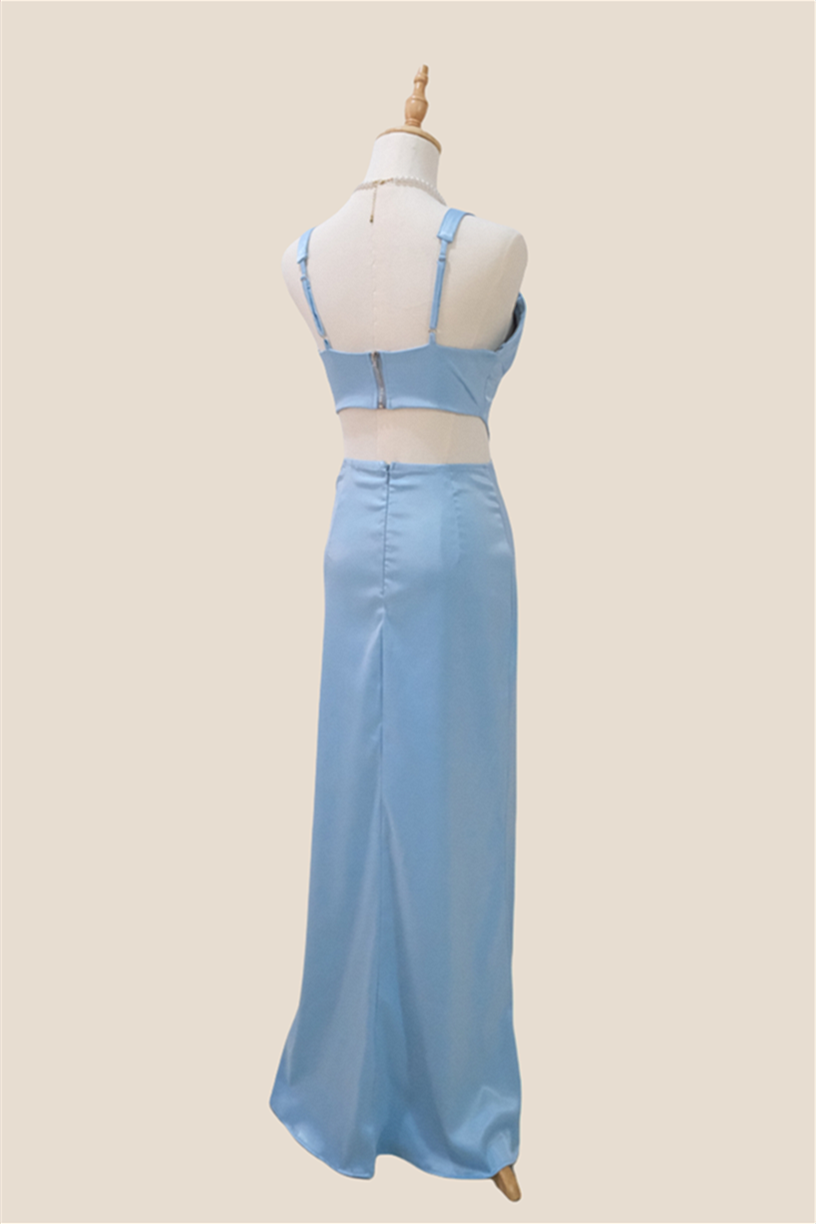 Plunge Neck Light Blue Cutout Sheath Long Dress