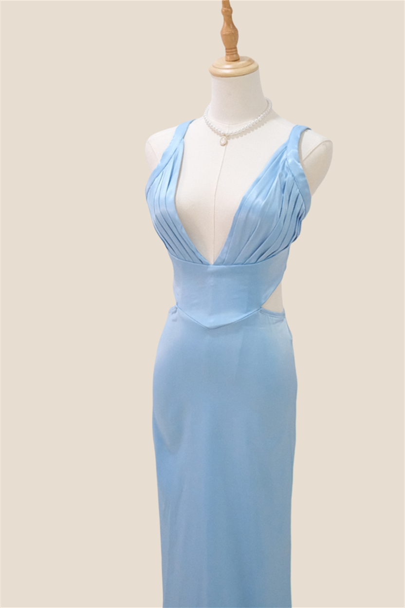 Plunge Neck Light Blue Cutout Sheath Long Dress