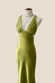 Plunge Neck Green Cutout Sheath Long Dress