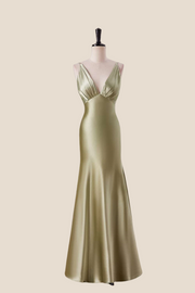 Plunge Neck Moss Green Mermaid Long Dress