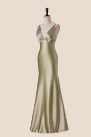 Plunge Neck Moss Green Mermaid Long Dress