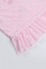Plunge Neck Pink Ruffled Hem Lace Short Dress
