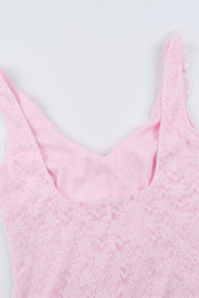 Plunge Neck Pink Ruffled Hem Lace Short Dress