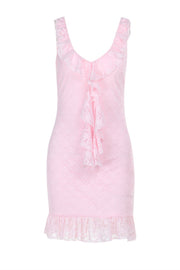 Plunge Neck Pink Ruffled Hem Lace Short Dress