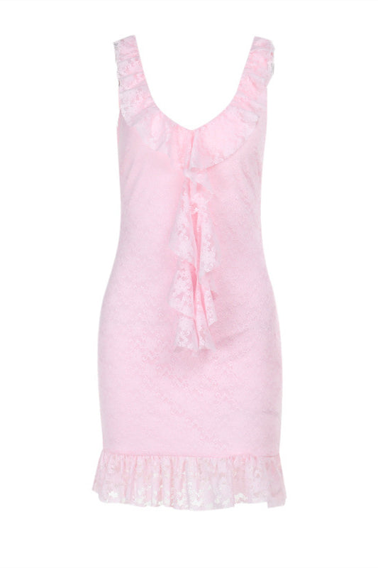 Plunge Neck Pink Ruffled Hem Lace Short Dress