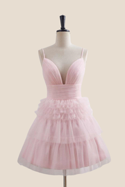 Plunge Neck Pink Tiered A-line Short Dress