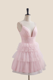 Plunge Neck Pink Tiered A-line Short Dress