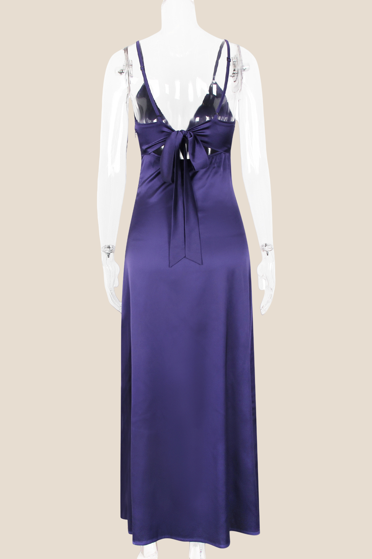 Plunge Neck Purple Back Tie Long Dress