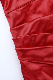Plunge Red Ruched Long Dress with Slit