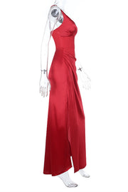 Plunge Red Ruched Long Dress with Slit