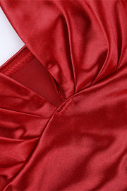 Plunge Red Ruched Long Dress with Slit