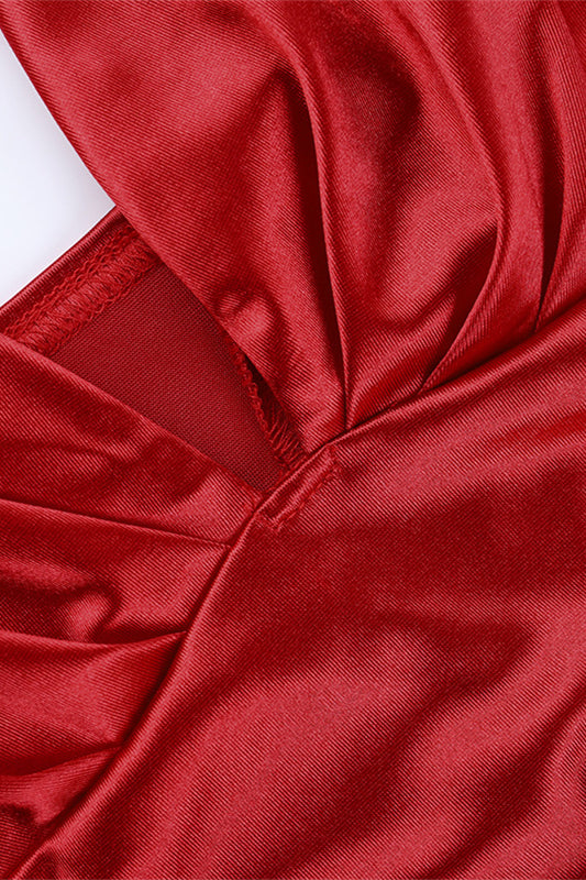 Plunge Red Ruched Long Dress with Slit