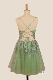 Plunge Neck Sage Green Appliques Short Dress