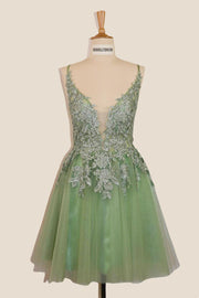 Plunge Neck Sage Green Appliques Short Dress