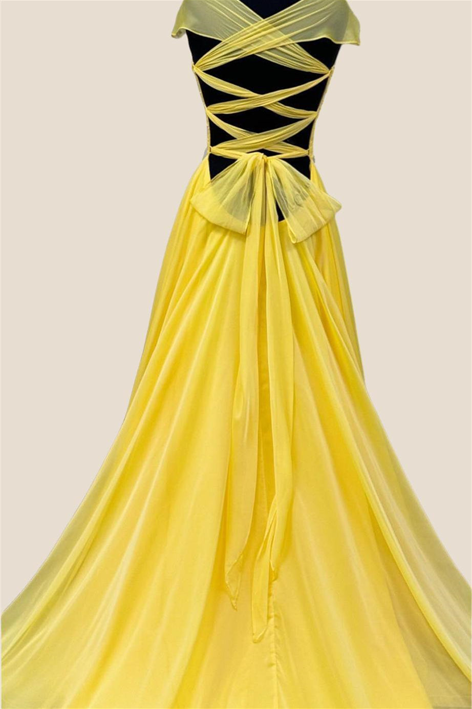 Plunge Neck Yellow Ruched Long Dress with Slit