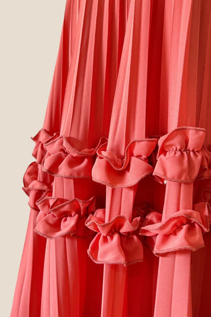 Plunge Neck Rust Orange Pleated Long Dress