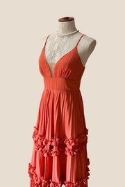 Plunge Neck Rust Orange Pleated Long Dress