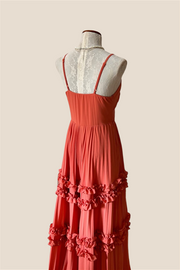 Plunge Neck Rust Orange Pleated Long Dress