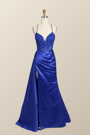 Straps Royal Blue Lace and Satin Mermaid Formal Dress