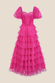 Puff Sleeves Hot Pink Dots Tiered Long Dress