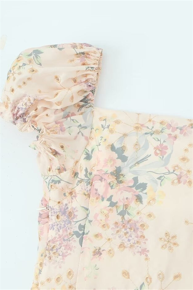 Puff Sleeves Light Apricot Floral Print Summer Dress