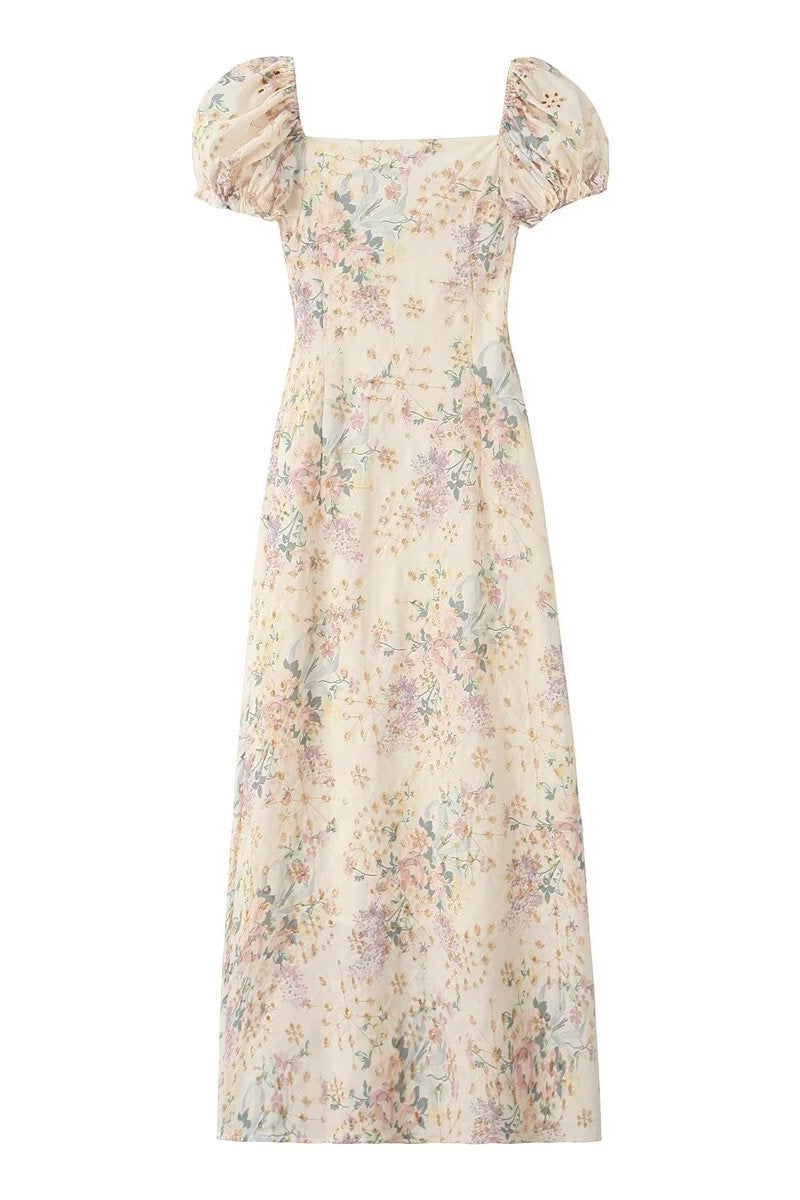 Puff Sleeves Light Apricot Floral Print Summer Dress