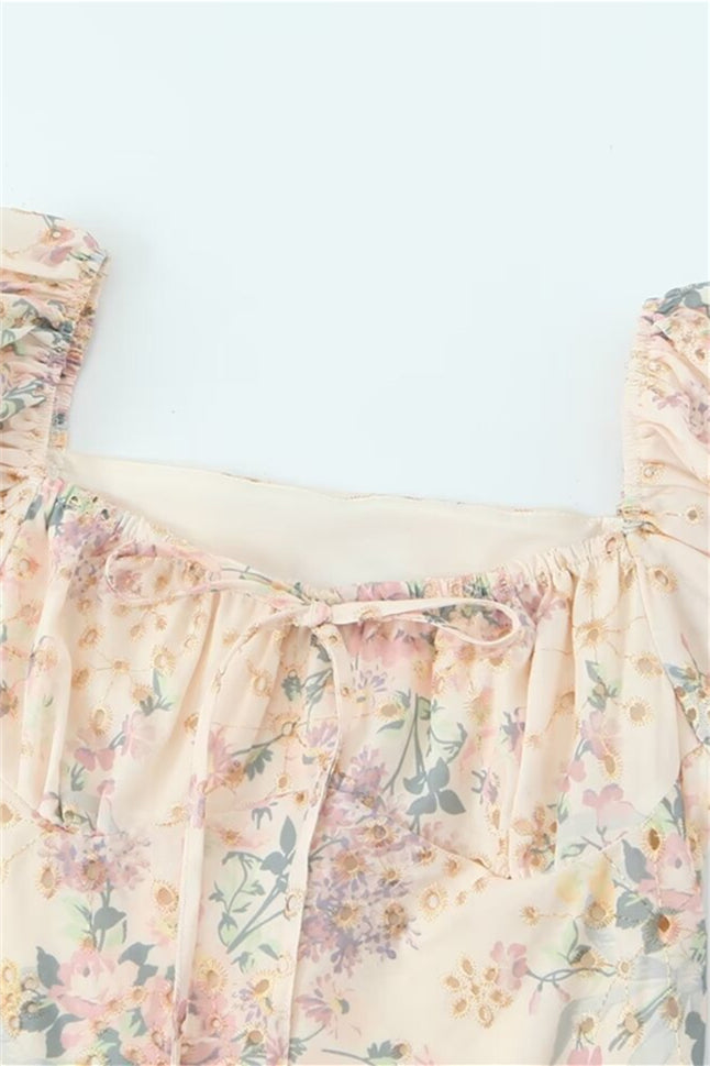 Puff Sleeves Light Apricot Floral Print Summer Dress