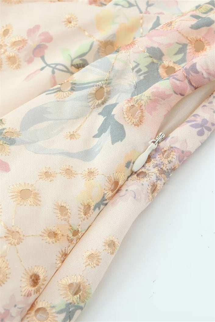 Puff Sleeves Light Apricot Floral Print Summer Dress