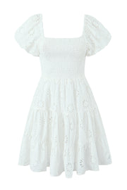 Puff Sleeves White Embroidery Cotton Short Dress