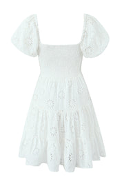 Puff Sleeves White Embroidery Cotton Short Dress