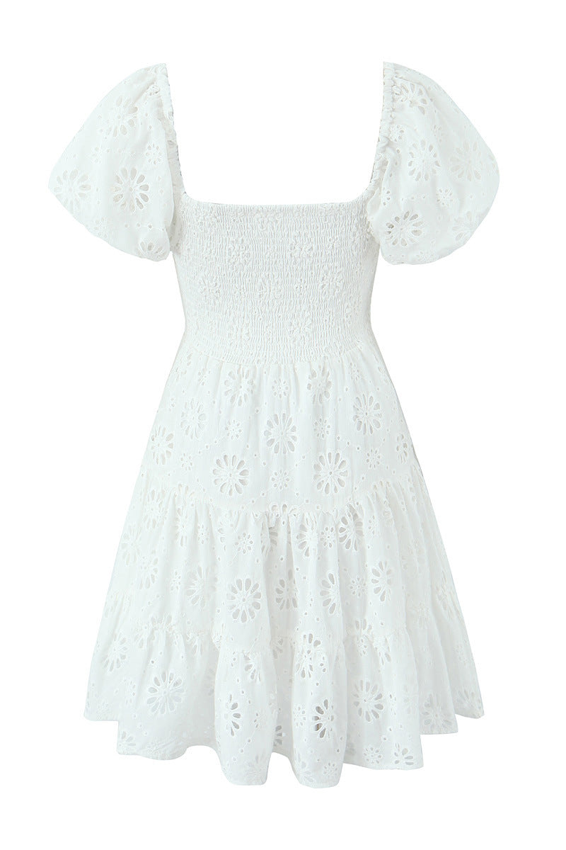 Puff Sleeves White Embroidery Cotton Short Dress