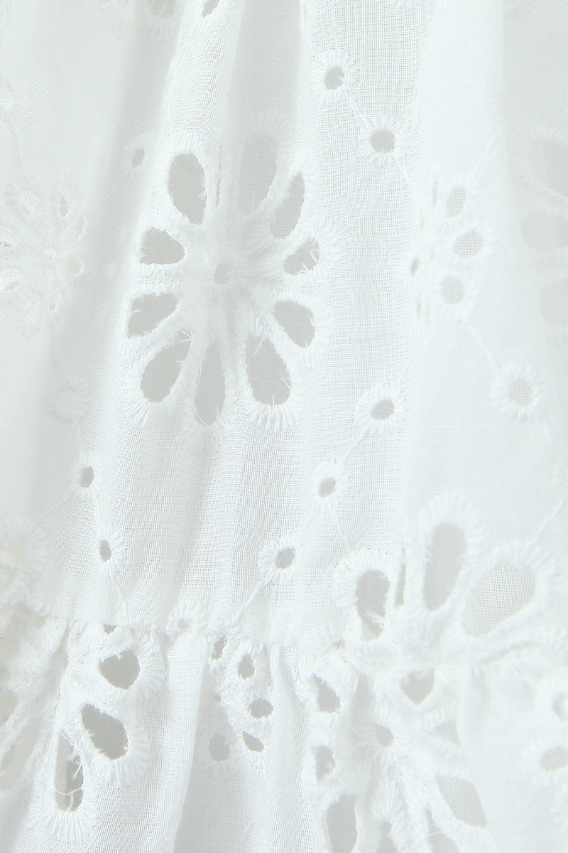 Puff Sleeves White Embroidery Cotton Short Dress