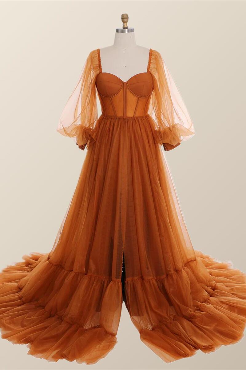 Long Sleeves Orange Tulle Long Formal Dress