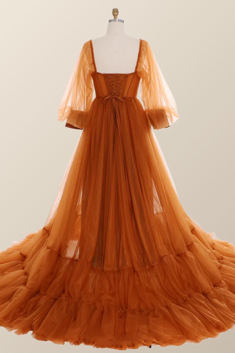 Long Sleeves Orange Tulle Long Formal Dress