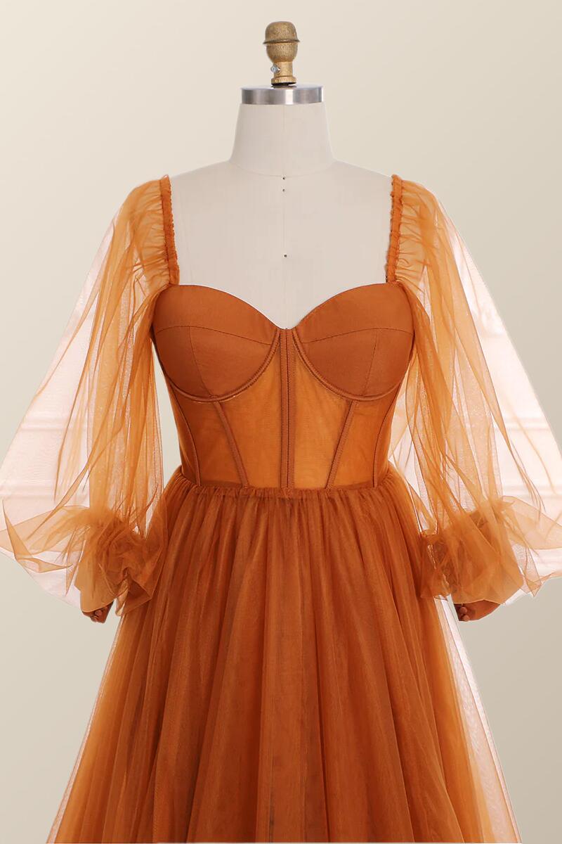 Long Sleeves Orange Tulle Long Formal Dress