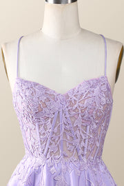 Straps Lavender Lace Appliques A-line Short Dress