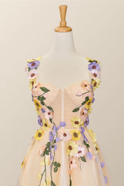 3D Floral Champagne Tulle Short Dress