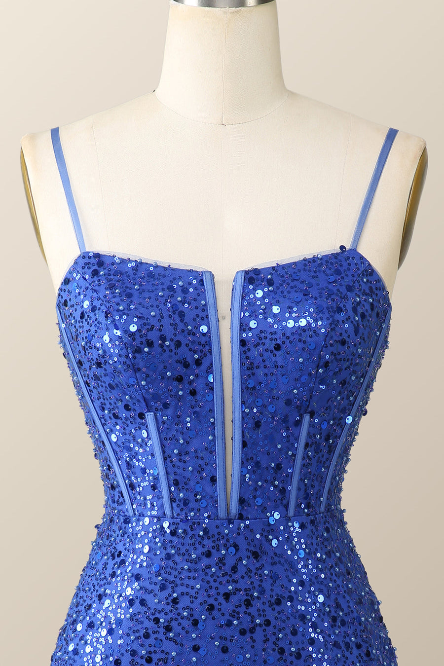 Straps Royal Blue Sequin Tight Mini Dress