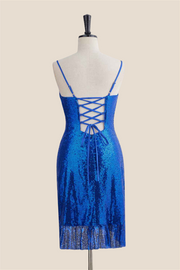 Royal Blue Ruffle Sequin Sheath Short Dress