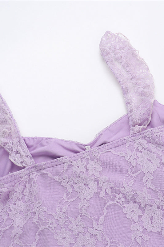 Ruffle Sleeve Purple Lace Short Dress