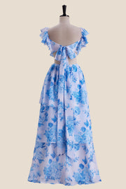 Ruffle Sleeves Blue Floral Print Tiered Long Dress