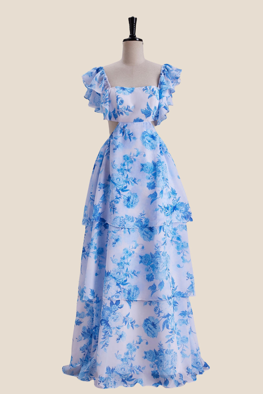 Ruffle Sleeves Blue Floral Print Tiered Long Dress