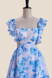 Ruffle Sleeves Blue Floral Print Tiered Long Dress